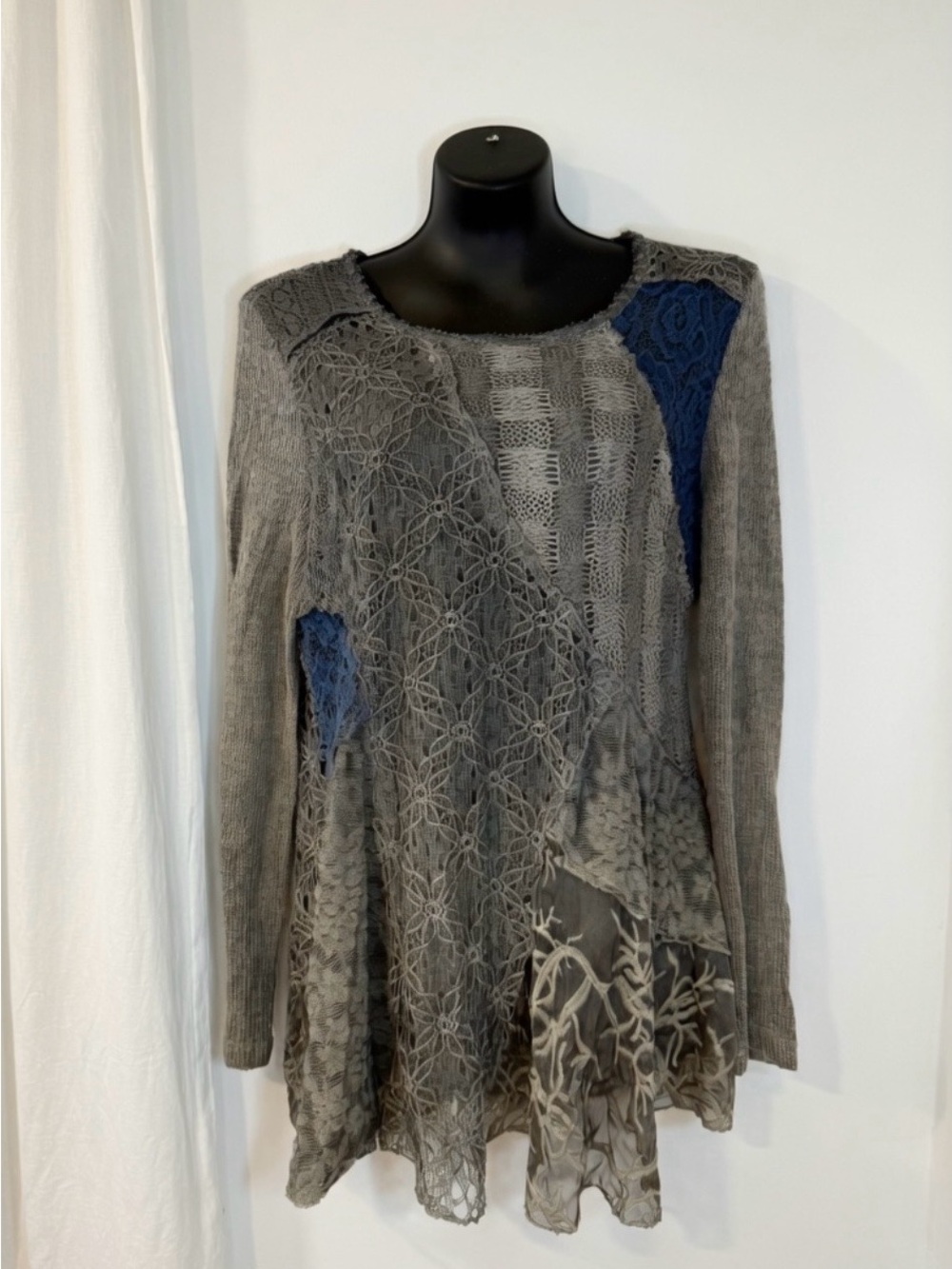 Gray Lace Patchwork Knit Top - Women